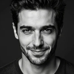 black and white close - up portrait shot, studio photograph of a male symmetrical handsome andrea belluci the painter artist, casual clothes, smirk and depression, intricate, elegant, highly detailed, hyper realistic, dark background, flickr, smooth, 4 k, 3 0 0 dpi, sharp focus, shot by canon