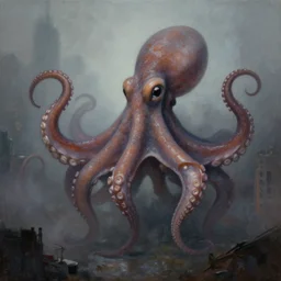 a giant octopus monster moving through a foggy and dim city, extremely detailed!!! oil painting, dull palette