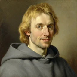 a man aged 4 0 with blonde hair and hazel eyes and a friendly expression. he is wearing a grey cloak. head and shoulders portrait painting by artgerm and greg rutkowski and alphonse mucha.