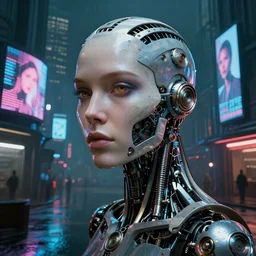 detailed face of a clockwork biomechanical woman, moment, cyberpunk cloisters, electronic billboards, tech noir, wet reflections, prism, atmospheric, ambient, pj crook, syd mead, livia prima, greg rutkowski, edward hopper