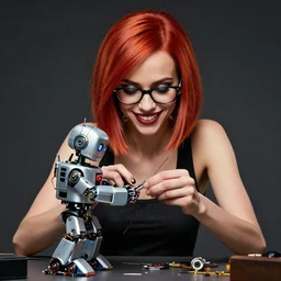 an insanely detailed portrait of zoe kravitz with straight short red hair and wearing glasses, smiling while repairing a broken robot, in the style of peter mohrbacher, artgerm, dramatic lighting and composition, octane render, trending on artstation, concept art