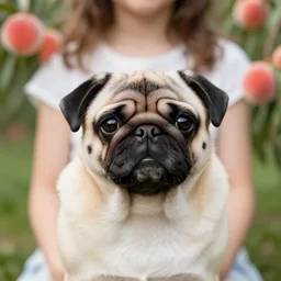 pug in the picture, girl with peaches
