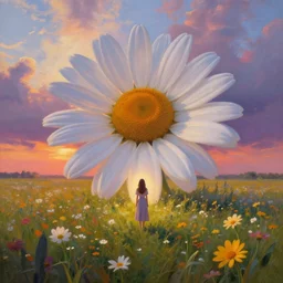 giant daisy head, full body girl standing in a flower field, surreal photography, sunrise, dramatic light, impressionist painting, colorful clouds, digital painting, artstation, simon stalenhag