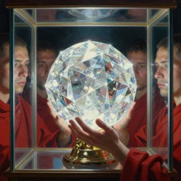 close - up tight shot of worshippers in red robes holding a very complex gigantic reflective glowing glass crystal tesseract orb violently illuminating a small glass room with glass windows, very bright white light, very small room, glass room, glass, enlightening, close - up, claustrophobia, high detailed beksinski painting, part by adrian ghenie and gerhard richter. masterpiece, deep colours, bright white