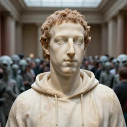 close up photo of highly detailed marble statue of mark zuckerberg with a hoodie in a museum with a large crowd of gray aliens observing, far future, 8 k, 1 5 0 mp,