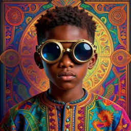 colourful vfx upper half - portrait - art of a nigerian boy wearing steam punk goggles, art by utagawa kunisada & james jean, symmetrical, intricate detail, concept art, volumetric light, ray tracing, digital illustration, octane 3 d render, unreal engine, sharp, 8 k post process, pinterest, behance, art station,