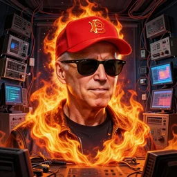 character art by ruan jia, joe biden wearing wayfarer glasses and red baseball hat at a music concert, on fire, fire powers, room filled with wiring, electronics, computer equipment, monitors