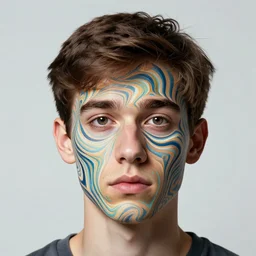 color studio photo of an impossible young human face, optical illusion
