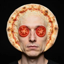 portrait of man with a rare facial deformity making the head a flat and circular disc, looking like a pizza, doughy skin with bakes crust like with flecked burnt spots, features that look like tomato slices, soft lighting, sharp focus, highly symmetrical, black background, masterpiece, case photo by annie leibovitz and caroline losse