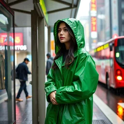 photograph of a gal gadot wearing a long green raincoat, waiting at a bus stop in downtown tokyo during a rainstorm