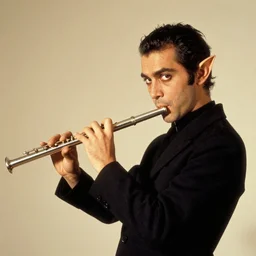 album cover of the side view of a nosferatu playing the flute, elf ears, looking at the camera, 8 0's funk, vintage