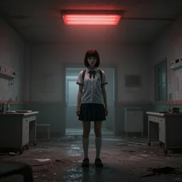 School girl standing on an abandoned hospital room with red ceiling lighting, gloomy and foggy atmosphere, octane render, artstation trending, horror scene, highly detailded
