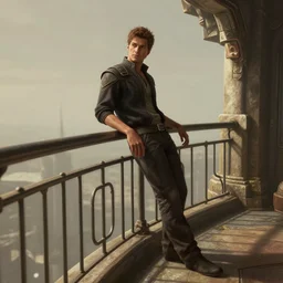 rhett sarlin leaning against the rail on a balcony on coruscant, very long black hair brought back into a ponytail, black leather vest, portrait by ralph mcquarrie