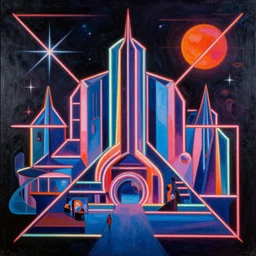 geometric neon painting of tomorrowland by hieronymus bosch