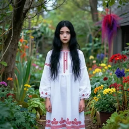 brightly coloured folk horror scene with girl dressed in white, with black hair. a garden that seems haunted