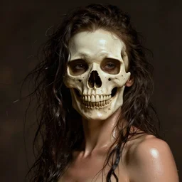 epic portrait an woman with a skull face, wet flowing hair, shiny skin, illustration, unreal engine 5, 8 k, made by j. c. leyendecker