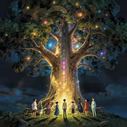 a giant glimmering tree with a trunk that forms a portal to otherworldly galaxies, high intricate details, rule of thirds, golden ratio, cinematic light, 8 k, octane render, anime style, graphic novel by fiona staples and dustin nguyen, art by beaststars and orange, peter elson, alan bean, studio ghibli, makoto shinkai