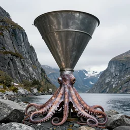 photo of a realistic giant metal funnel, on the thin side has arms of a cephalopod, it was found in the fjords on the slopes of mount generous,