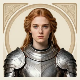 Elisha Cuthbert as a medieval warrior, intricate medieval armour, masterpiece centred symmetrical portrait, rule of thirds, shoulders and head, art nouveau tarot style, golden halo, by Edgar Maxence, Ross Tran, distaw Beksinski, Michael Whelan, gustav dore, H.R. Giger, and Mucha, 8k, octane render