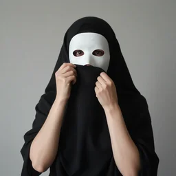 a cloaked woman removes her face, takes of face, removes face mask, pulls down face, by mike davis,