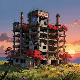 a beautiful very detailed anime illustration of post office city abandoned unfinished building industrial architecture urbex nature by ralph mcquarrie, neon noir bioshock tron infrared reclaimed by nature sunset sunlight sea at dawn meadow, archdaily, wallpaper, highly detailed, trending on artstation.
