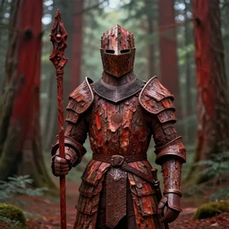 portrait of a knight in the redwood forest, armor made of bark, guard, nature, vaporwave, artistic render, midjourney, matte painting