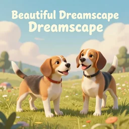 Beautiful beagles playing  ” Beautiful Dreamscape, Digital art, concept art, detailed, lovely colors, Art station,3-D 4K, beautiful background, matte painting, ,