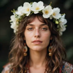 out of focus photorealistic portrait of a beautiful hippie woman by saul leiter, very blurry, a crown of white flowers on the head