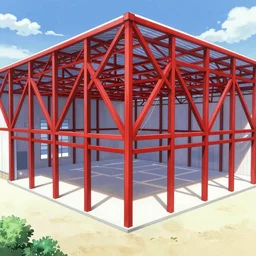 mall, truss building, red trusses, truss roof, building, geodesic building, cel - shading, 2 0 0 1 anime, flcl, jet set radio future, the world ends with you, sunshine, cel - shaded, strong shadows, vivid hues, y 2 k aesthetic, art by artgerm