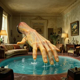 a giant hand made of wax and water floats through the living room, film still from the movie directed by Denis Villeneuve with art direction by Salvador Dalí, wide lens