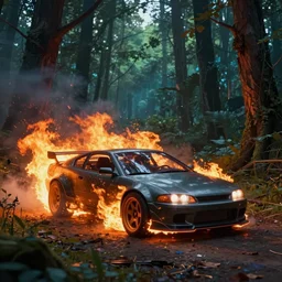 cyberpunk car on fire in the middle of the woods stylized artgerm artstation hd cgsociety cgi realistic dramatic cinematic artistic trending detailed