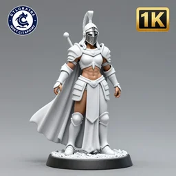 80mm resin detailed miniature of a Queen of war, white armor, iron mask and helmet, Very long white cloak, Very muscular, abdomen, olive skin, on textured base; Miniature product Introduction Photos, Company Logo, 4K, Full body; Front view