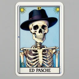 a picture of a skeleton with a hat on, a silk screen by ed paschke, tumblr, holography, anaglyph effect, anaglyph filter, tarot card