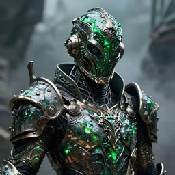 a sci fi close up portrait of a poison shadow mage wearing futuristic armor made of metal, glowing green liquid, dual tone lighting, high detail, cyber - medieval, ornate metal, unreal engine, octane render, art by vitaly bulgarov artstation, destiny concept art, fog volumes, pinterest hard surface, post processing, cgsociety