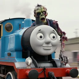 a photo of thomas the train after he's been turned into a zombie, with sharp jagged teeth, and vicious blood thirsty eyes. f / 1 6, 3 5 mm, award - winning photography, soft lighting