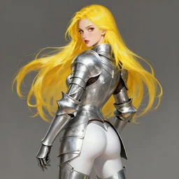 pin - up portrait of a female knight, beautiful, skintight silver armor, long yellow hair, brown eyes, white skin, derriere pose, fantasy, highly detailed, realistic, illustration, artgerm, joshua middleton, greg rutkowski