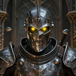 medieval giger closeup face portrait of a fallout brotherhood of steel soldier in armour with yellow glowing eyes, nicoletta ceccoli, mark ryden, lostfish, hyung tae, frank frazetta, depth of field, detailed and intricate gothic environment, 8 k resolution, hyperrealistic, octane render