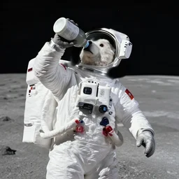 astronaut  drinking a bottle bear on the moon