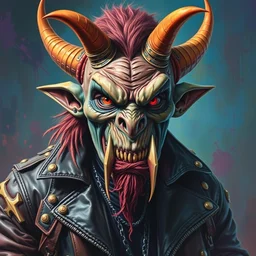portrait of an apocalyptic demonic orc goblin biker character, cool pose, psychedelic vibrant colors, futuristic punk rock fashion, oil painting by michael whelan art, sharp focus, realistic, detailed eyes, studded leather jacket