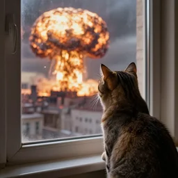 a tabby cat looking trought the window, at a nuclear exlosion, digital art