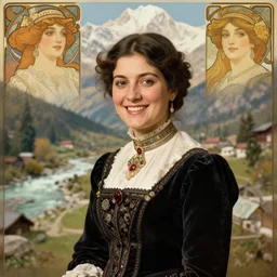 hyper realistic and detailed vintage portrait photo of a beautiful beautifully lit nepalese Victorian woman smiling in a himalayan valley by alphonse mucha and annie leibovitz