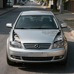 cheap, silver paint sedan car, broken front, front view, heavy grain, hyperrealistic render, daylight, ray tracing, street photo