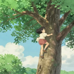 a girl climbing a very tall tree. ghibli, pastel tone.