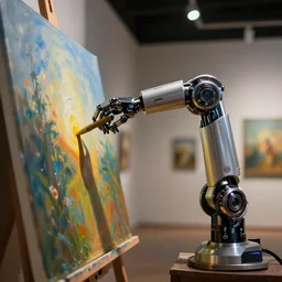 an award winning concept art of a robot arm paiting a beautiful picture in an art gallery, shallow dept of field, dramatic lighting, 4 k, maximalism, hyper detailed, prefection, trending on artstation, digital paiting, octane render, unreal engine