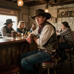 a very short gunslinger sitting on a bar stool in a western saloon near other patrons, photograph