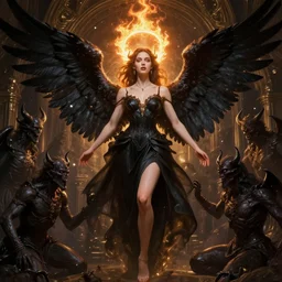 an angel with black wings and a halo of fire, surrounded by demons, intricate, elegant, glowing lights, highly detailed, digital painting, artstation, glamor pose, concept art, smooth, sharp focus, illustration, art by artgerm and greg rutkowski, artey freytag