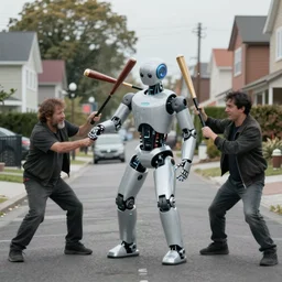 photojournalism of sleek humanoid robot being hit with bats by two mean on a residential street