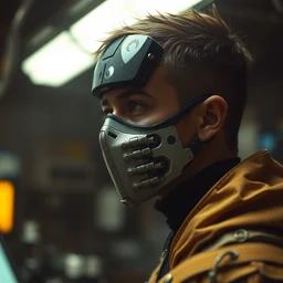 a half - masked curious young laboratory engineer man with cybernetic enhancements as seen from a distance, scifi character portrait by greg rutkowski, esuthio, craig mullins, 1 / 4 headshot, cinematic lighting, dystopian scifi gear, gloomy, profile picture, mechanical, half robot, implants, steampunk