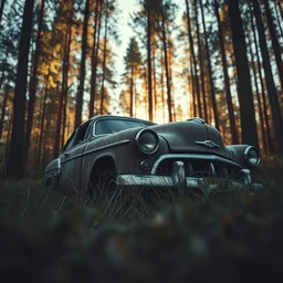 abandoned retro car closeup in the forest, macro, grass, detailed, huge scene, warm lighting, concept art, beautiful, art greg rutkowski, low angle, high detail, godrays, cinematic view, volumetric, epic sky, vivid, trending on artstation, by jordan grimmer