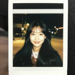 a smiling young japanese woman on a snowy night, polaroid, close-up, yellow lights in the background